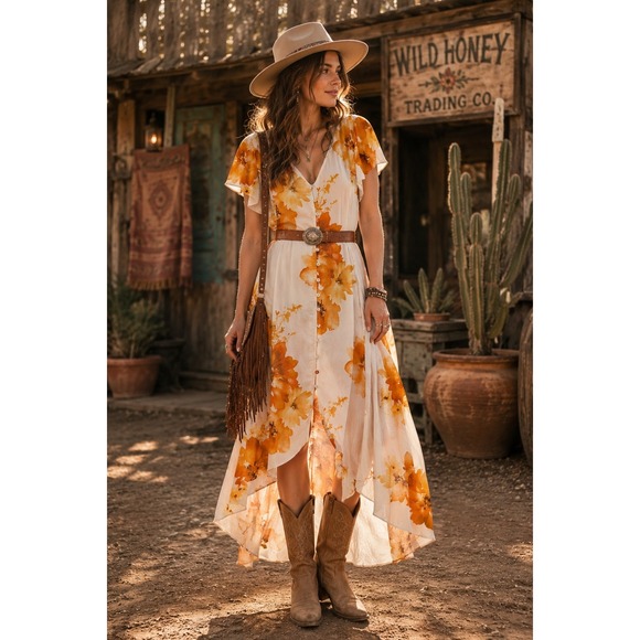 Forever 21 Dresses & Skirts - Boho Cottagecore Western Floral Button Front Lace Up Back HighLow Maxi 1X Dress